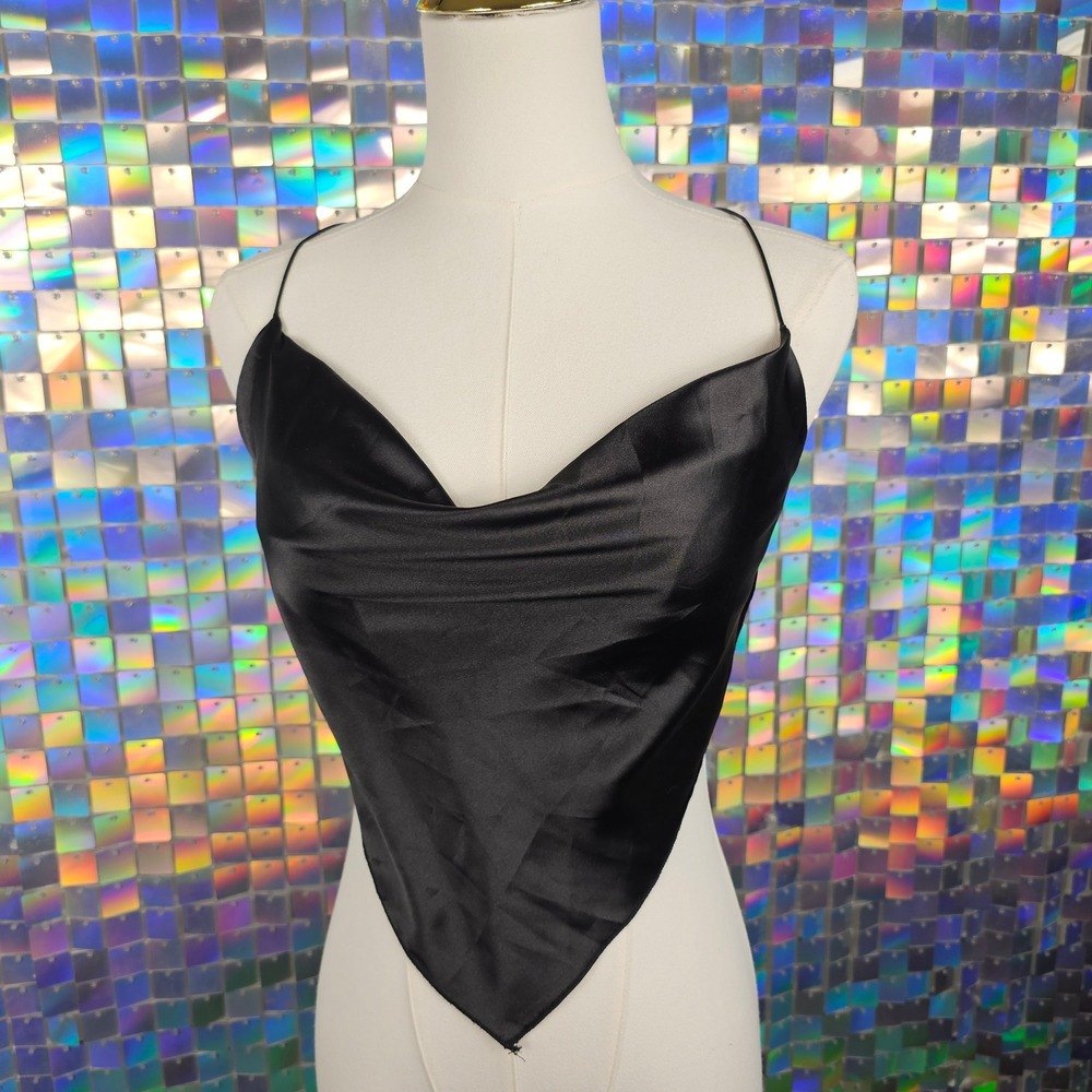 Handkerchief Y2K Cowl Neck Top Women OS Black Satin Tie Back Jersey Shore Summah - Picture 9 of 10